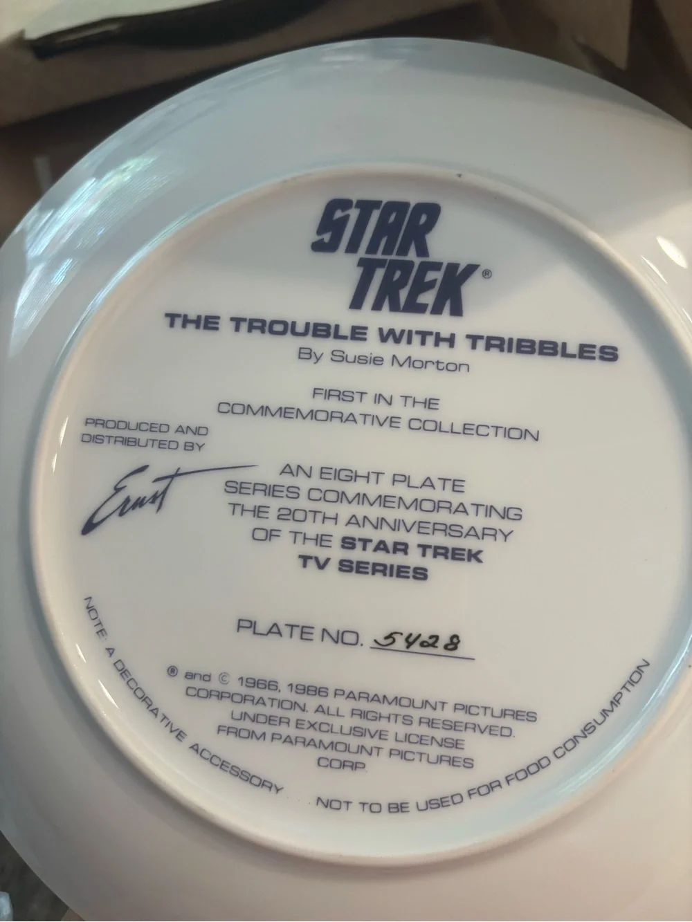 Vintage 1986 Star Trek The Trouble with Tribbles Collector Plate Box COA Kirk